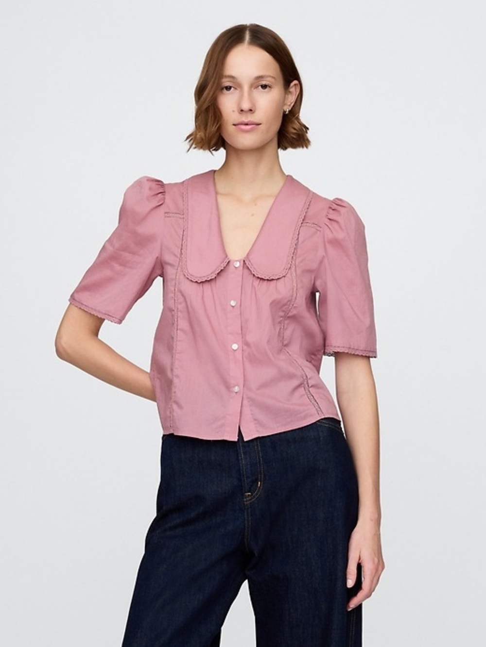 Gap Puff-Sleeve Lace Collared Top Pink/Purple